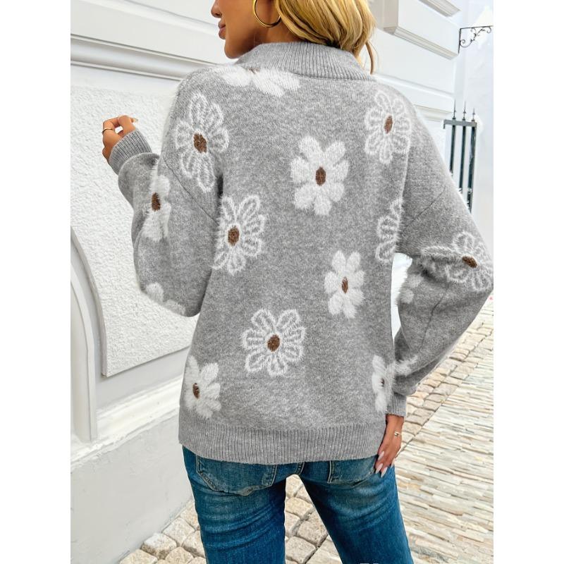 Floral Pattern Half-zip Sweater - European and American Style with Dropped Shoulders