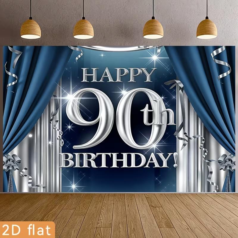 2D 90. Geburtstag Fotografie Hintergrund Marineblau Silber Vorhang und Glitzer Party Hintergrund