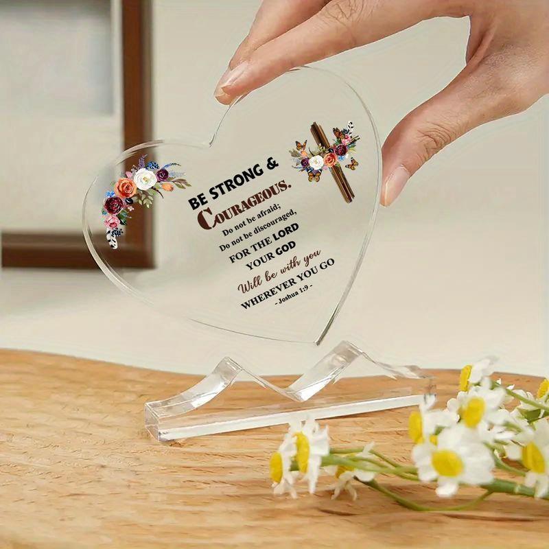 Inspirational Christian Scripture Cross Decor - Acrylic Heart-Shaped Desk Ornament with Joshua 1:9 Verse, Floral Design, Perfect for Home, Office, o