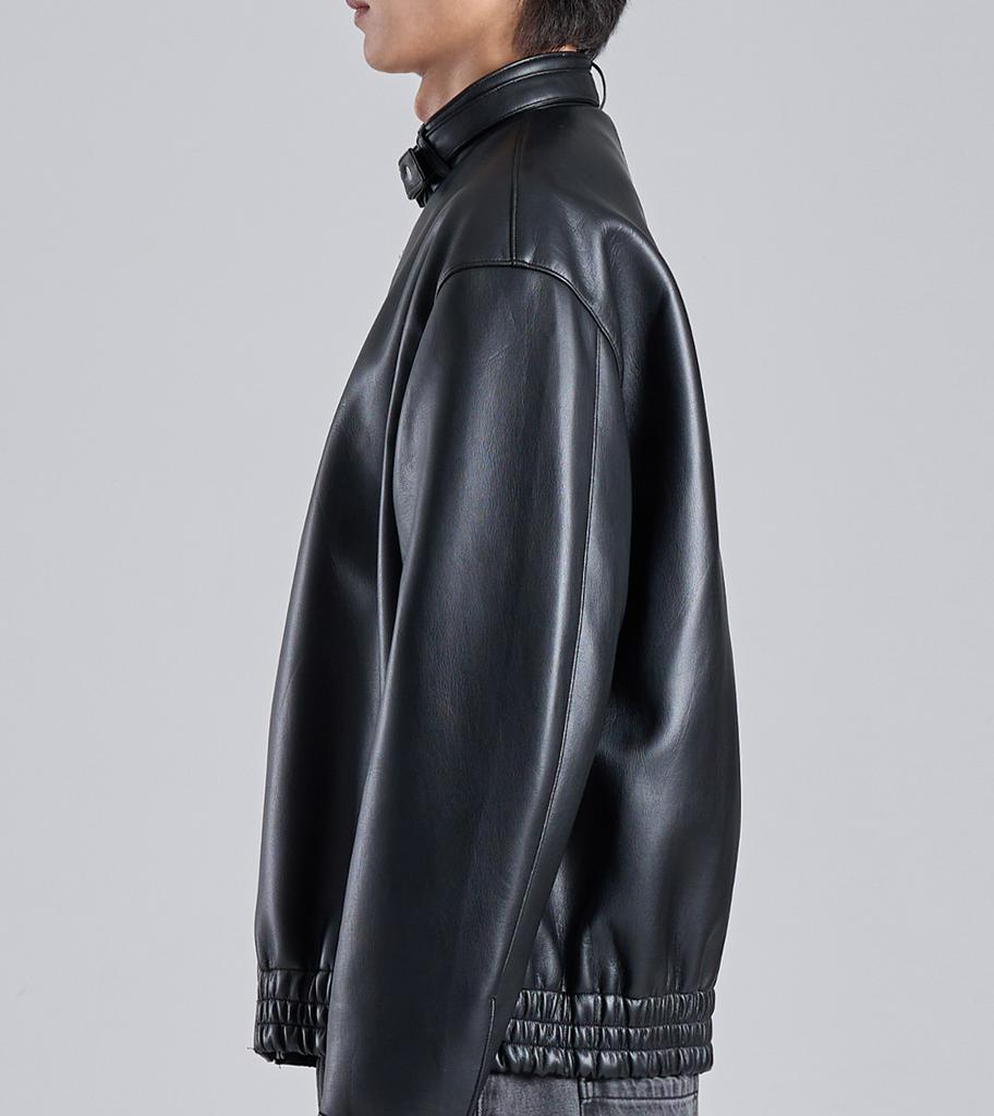 Button Seoul Vegan Leather Neck Webbing Point Biker Jacket (Black)