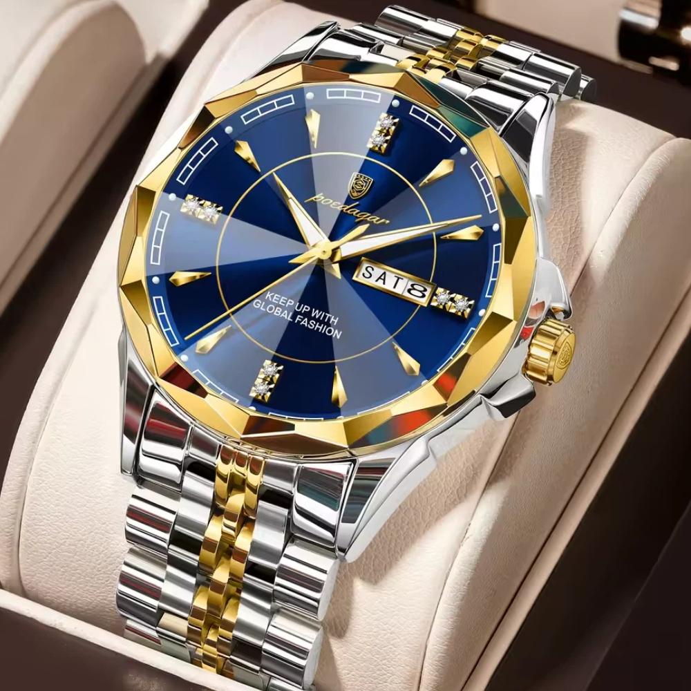 POEDAGAR Top Fashion Man Clock Business Waterproof Luminous Date Week Wristwatch Quartz Stainless Steel Casual Watches