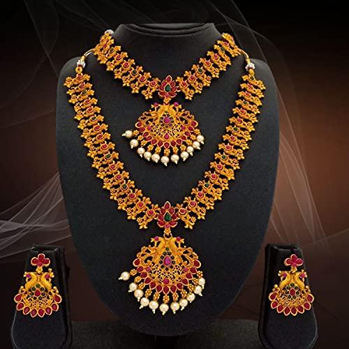 Estele Gold Plated Double Line Peacock Nakshi Temple Necklace Set with Pearls for Women