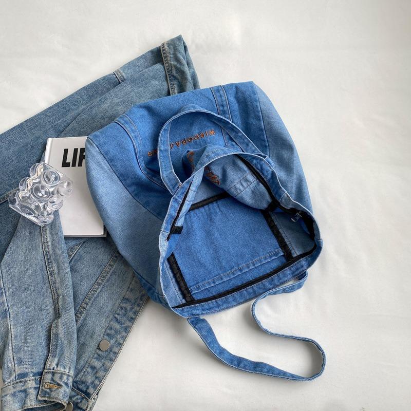 New Casual Denim Bag Women Large Capacity Shoulder Bag Letter Embroidery Denim Tote Bag