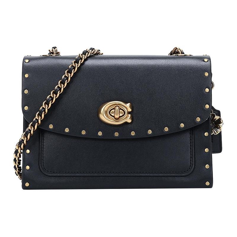 

COACH Parker 18 Metal Flower Pendant Knob Logo Rivet Decoration Cowhide Chain Bag Crossbody Shoulder Bag Small Women s Black чорний