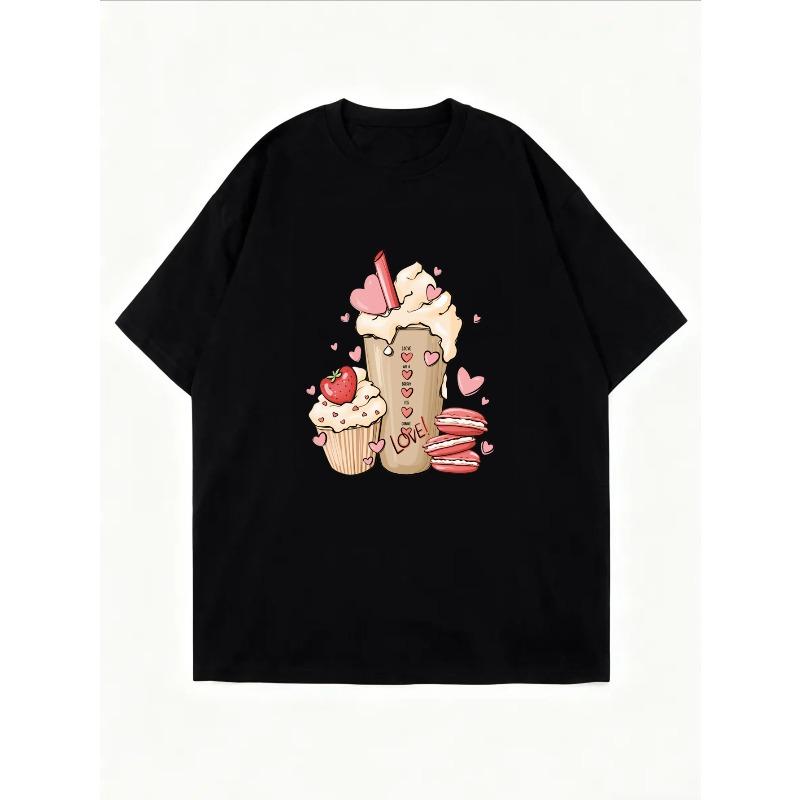 Weißes T-Shirt mit Cupcake- und Milchshake-Print für Freizeitkleidung