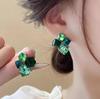 Geometric Green Crystal Sugar Cube Stud Earrings for Women - Fashionable, Versatile, Light Luxury