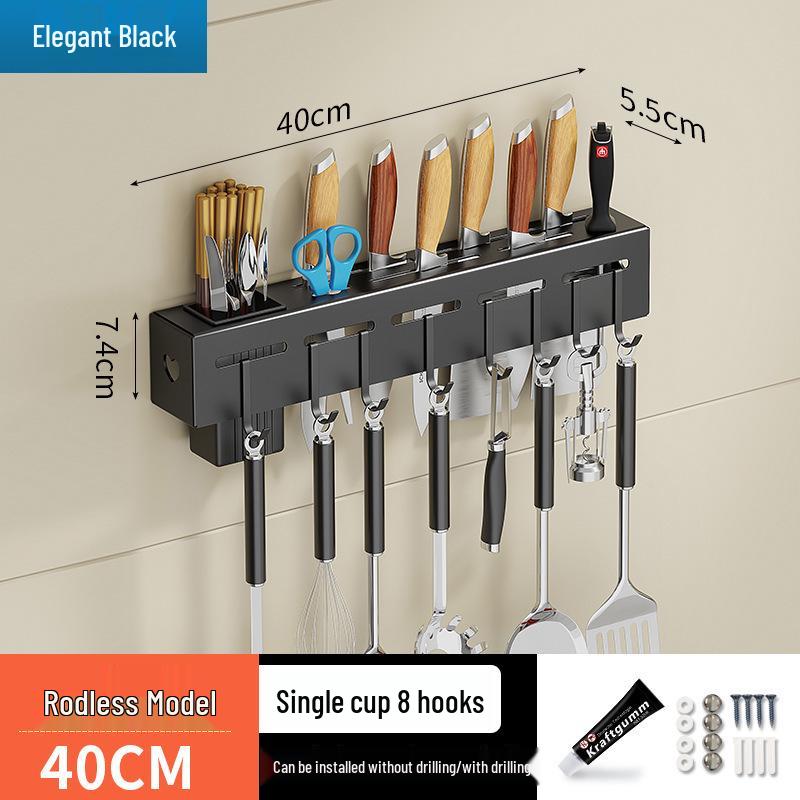 Stainless Steel Wall-Mounted Knife & Chopstick Holder with No-Punch Hanging Design