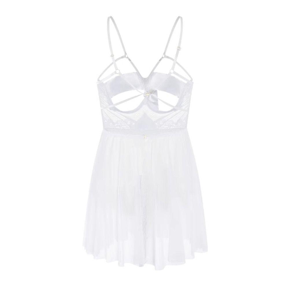 Bowknot Camisole Nightwear Transparent Mesh Nightdress Comfortable Lace Nightgown  Women