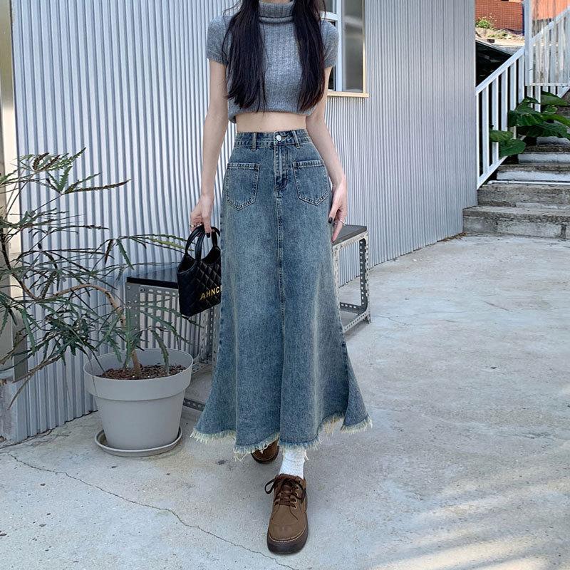 Raw Edge Denim Skirt Female Summer Retro Medium-length Fishtail Skirt Bustier Skirt A-line Thin Package Hip Comfortable Fashion Denim Bustier Skirt