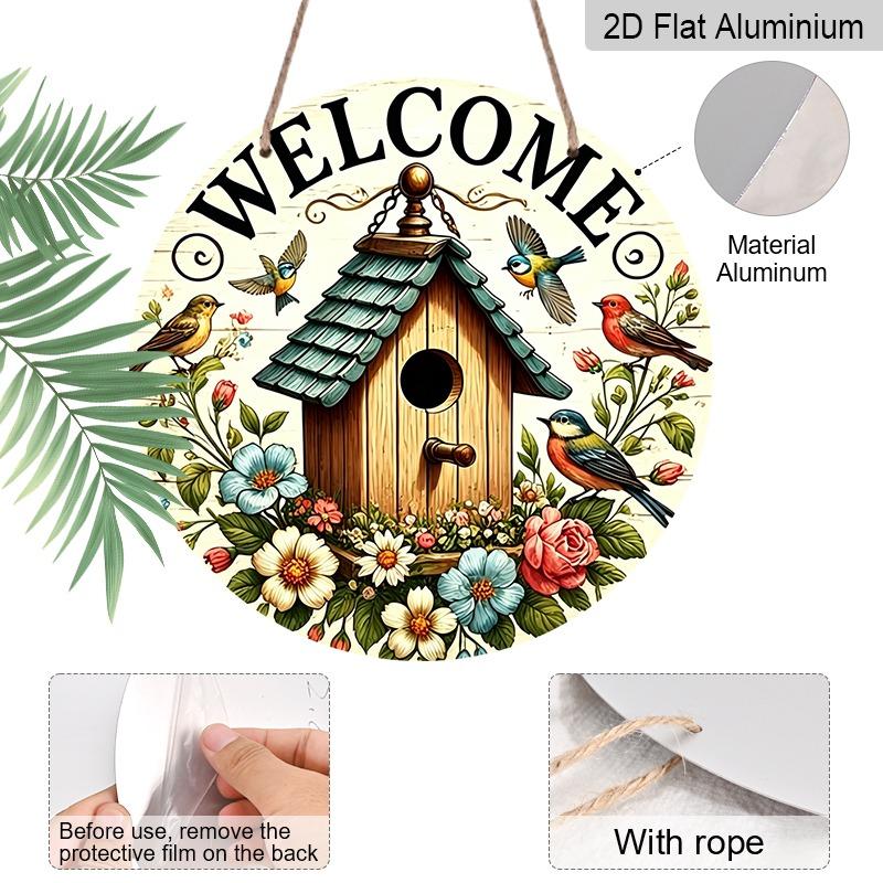 2D Flat Birdhouse Floral Welcome Doorplate, Aluminum Decorative Sign and Plaque, Various Sizes. Colorful Birds and Flowers, Rustic Farmhouse Hanging