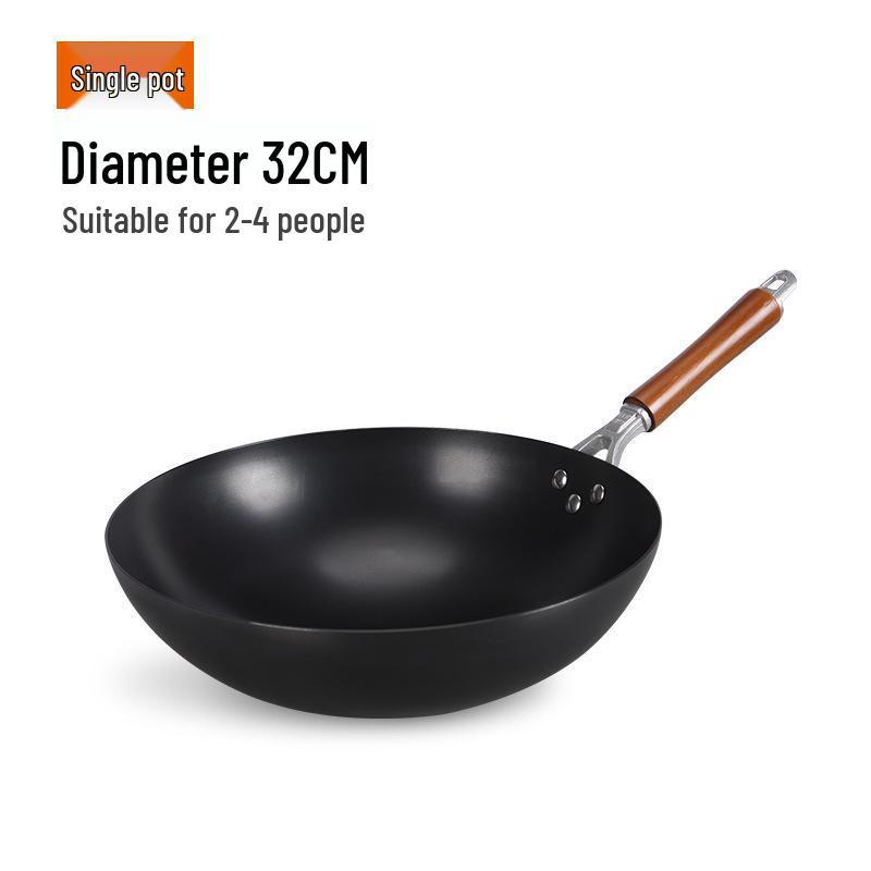 Old-Fashioned Non-Coated Cast Iron Wok, Round Bottom, Non-Slip, Non-Stick, Gas Stove Compatible, Nitrided Fine Iron.