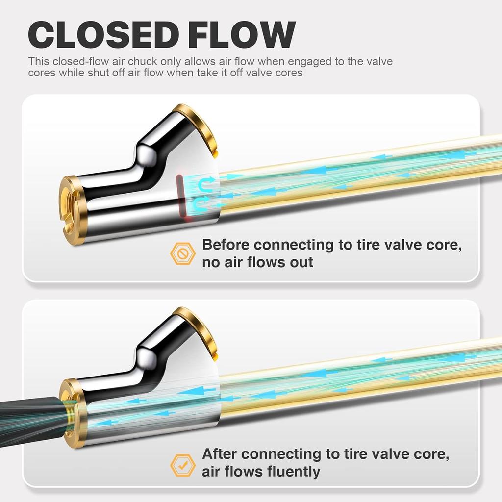 2 Pack 12" Extended Reach Dual Head Air Chuck, 2-Way Connection 1/4" FNPT Straight Foot Lock On Tire Inflate Chuck, Tire Chuck W/Quick Plug, Air