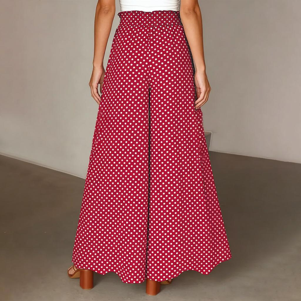 Women's Fashionable Bohemian Wide-leg Trousers With Elastic Waist And Polka Dot Print Long Skirt Pants
