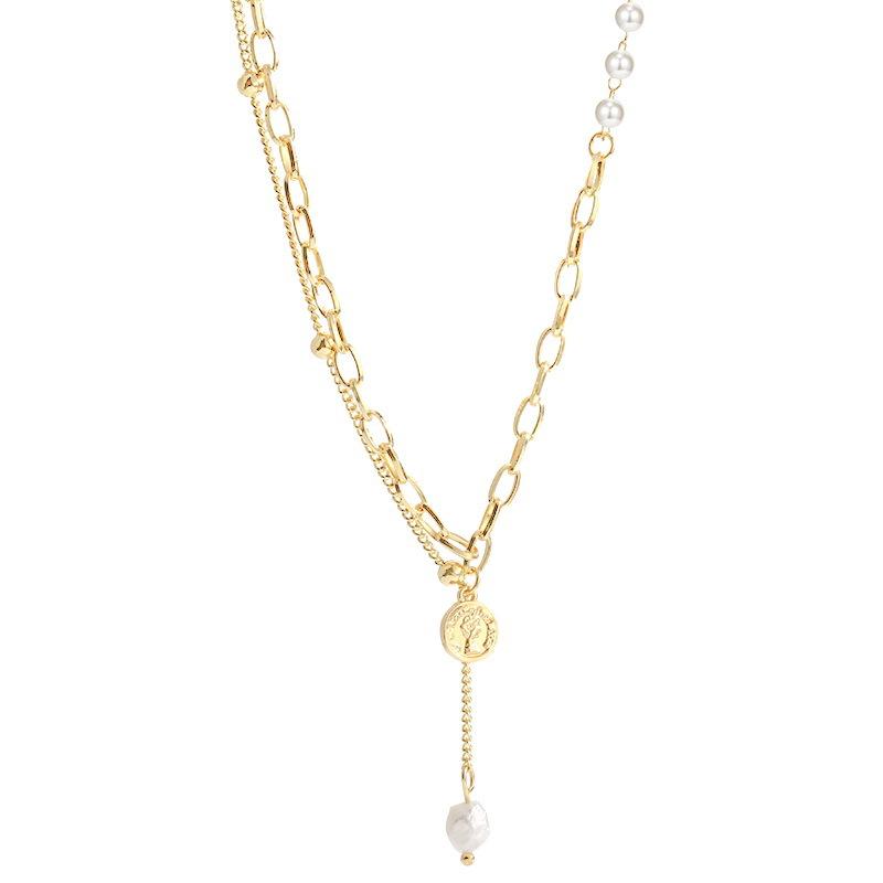 Queen of Personality Headpiece Pendant Necklace with Spliced Pearls Collar Chain for A Cool Style Sweater Chain