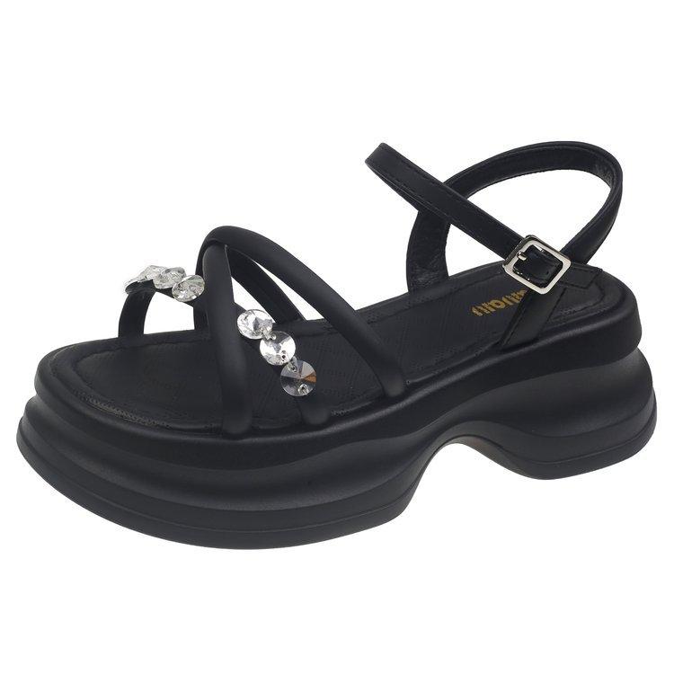 Fairy Feng Rhinestone Cross Strap Square Head Woven Open-toed Sandals Female 2025 Summer Thick-soled Heightening Beach Shoes Women's