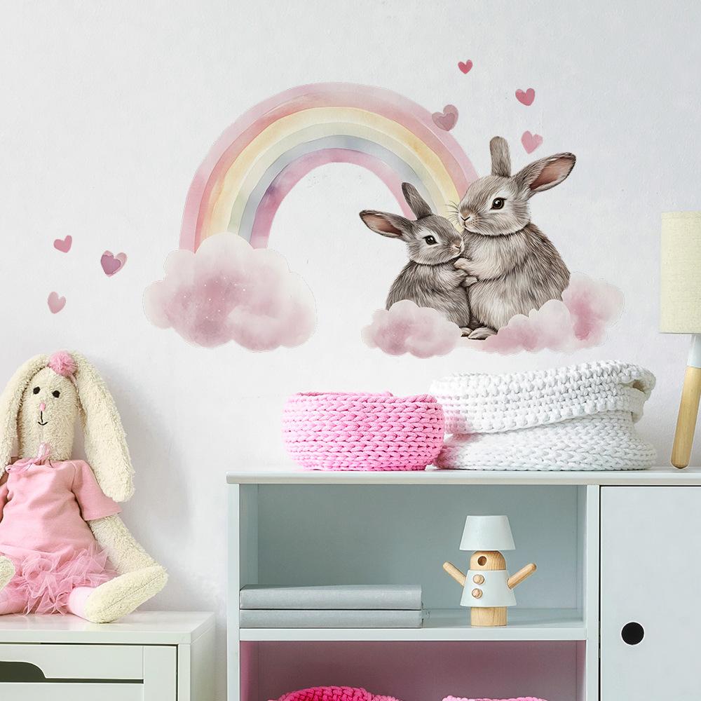Watercolor Rainbow Couple Bunnies Wall Sticker Romantic Whimsical Self-Adhesive Removable Decor for Bedroom Living Room Home Background