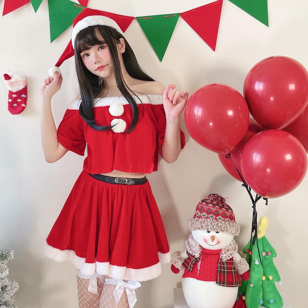 [Milky Time] Christmas Cosplay Santa Miniskirt Short Sleeve Off-the-Shoulder Santa Outfit Set