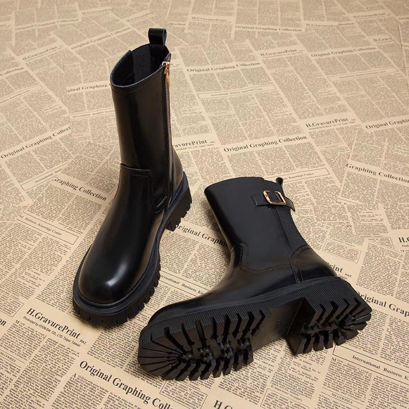 Leather Martin Boots Women's Winter Fashion Versatile Belt Buckle Thick-soled Short Tube Skinny Cotton Boots
