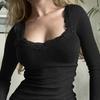 Women's Casual Slim Fit Threaded U Neck Lace Long Sleeve T-Shirt