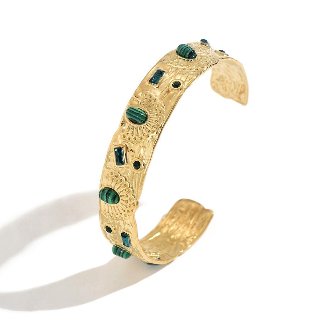 Vintage Geometric Turquoise Stainless Steel Adjustable Bracelet With Sparkling Inlay For Women