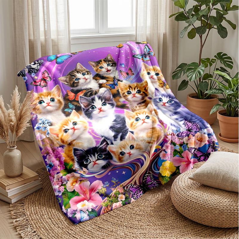 Kittens and Butterflies Fantasy Theme Blanket Lightweight Warm Flannel Blanket Decorative Throw Blanket for Home Decoration