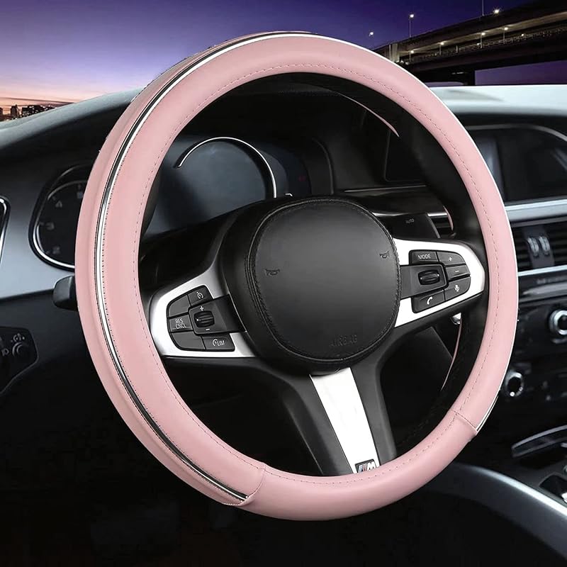 Car Steering Wheel Cover, Microfiber Leather Wheel Cover, Bright Strip Cute Steering Wheel Cover Universal 14.5-15 Inch Car Accessory, Breathable,