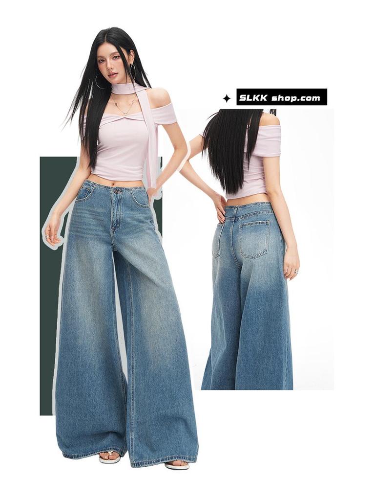 2026 Spring Women's Retro Wide-Leg Jeans: Waistless, Versatile, Loose, Slimming, Floor-Length Pants