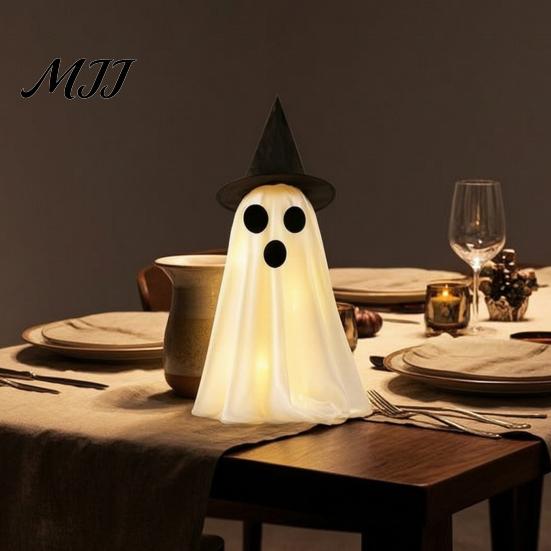 Tabletop Haunted House Supplies 2Pcs Halloween Decoration, Light-Up Ghost with Witch Hats, Spooky Interior Lighting Decor Figurine,
