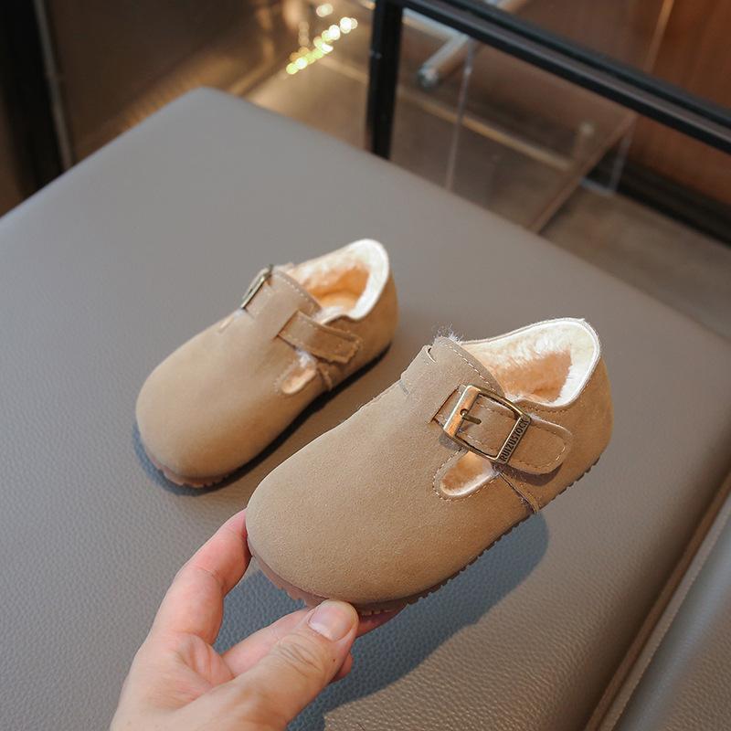 Warm Fleece Unisex Children Vintage Casual Leather Bean Shoes