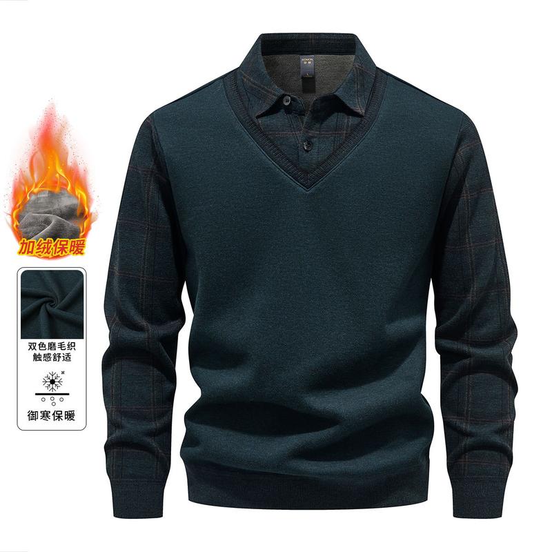 Plush Shirt Men's Fake Two-Piece Knitted Shirt
