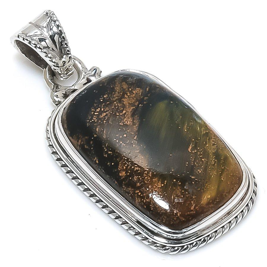 Přírodní drahokam Pietersit 925 Ryzí sterlingové stříbro Šperk Přívěsek 1.50" z8H69