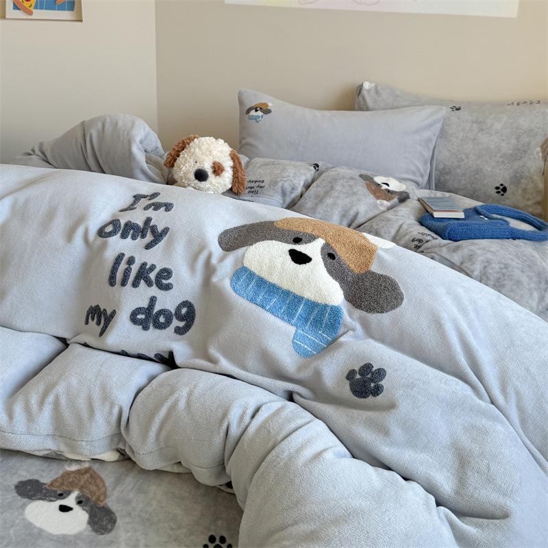 

230G Thickened Milk Fleece Towel Embroidery Four-Piece Set 1.2M Bed Sheet Three-Piece Set, Apple Pocket 1.2m sheet 3pc