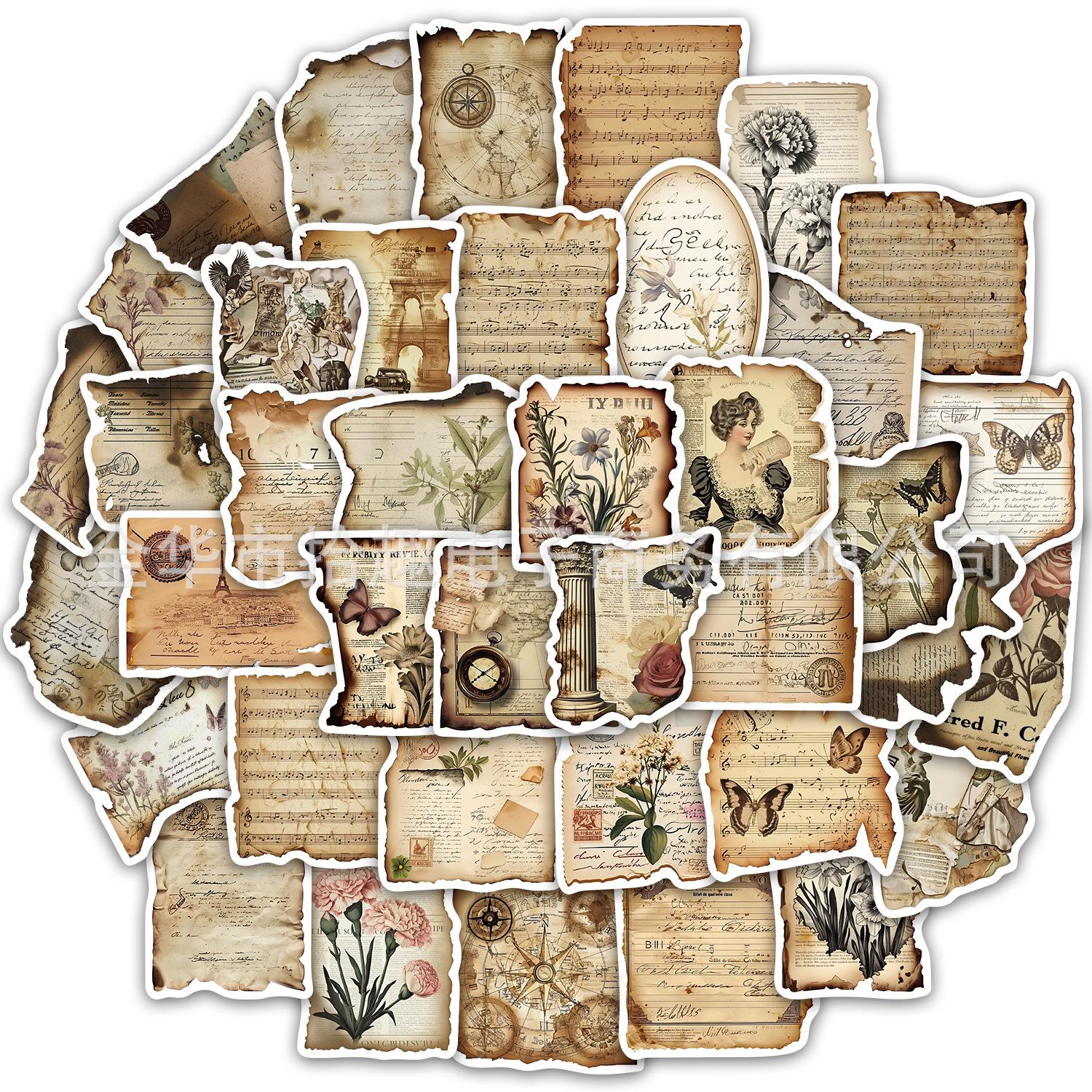 

50 Retro Burned Paper Sticker Sheets for DIY Decor: Water Bottle, Phone Case & Laptop Decals No