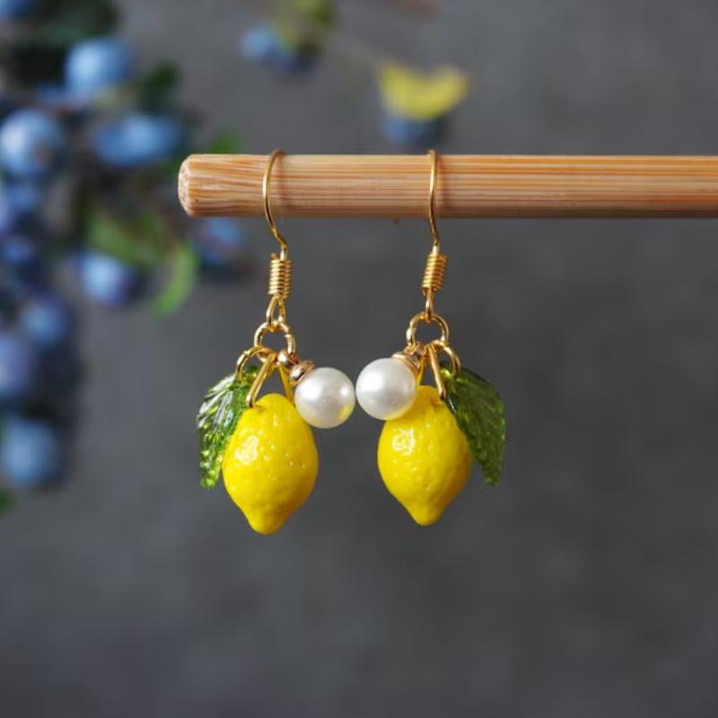 Czech glass lemon earrings Light weight fruit food earrings can love Kawaii earrings Pastoral earrings for her birthday present