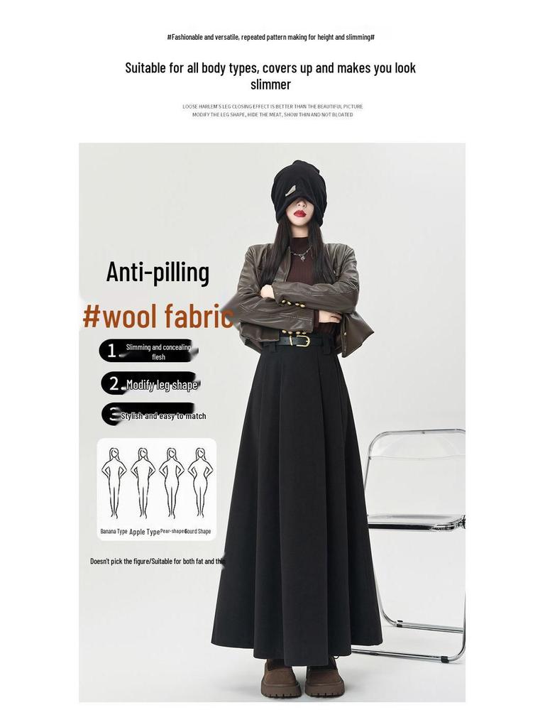 Women's High-Waist Wool Pleated A-Line Skirt - Autumn/Winter Mid-Length Swing Skirt
