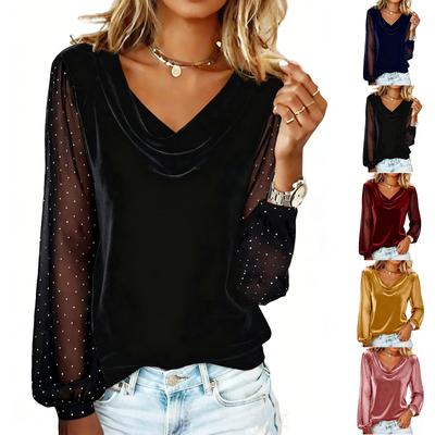 Ladies' Fashionable Casual Pile Lace With Rhinestones Splicing Long Sleeved T-shirt Top
