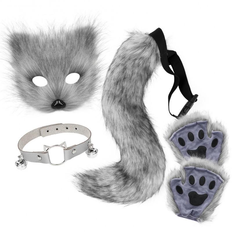Halloween Fox Mask Set With Paws Gloves Cute Collar Furry Tail Cosplay Costume Party