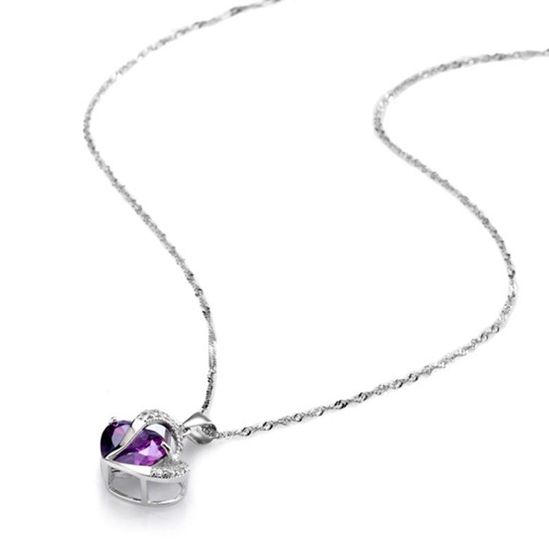 925 Sterling Silver Ornament Necklace Women's Amethyst Heart Pendant Love Jewelry