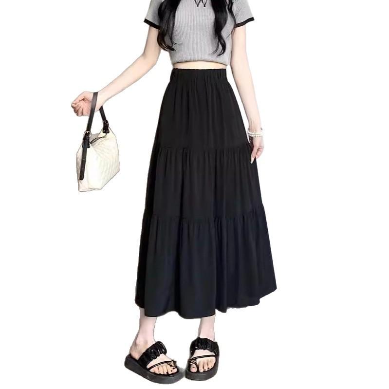 Women's High-Waist Drape Pleated A-Line Skirt - White Korean Style Midi with Hip-Covering Swing