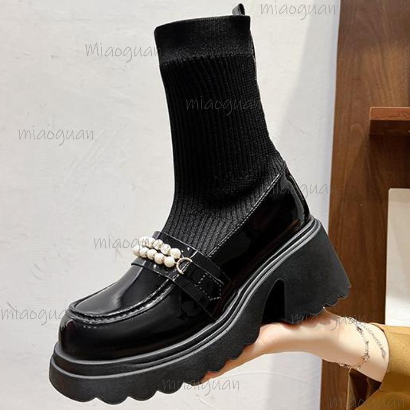 Gruba podeszwa Damskie Botki w stylu brytyjskim Elastyczne Botki za kostkę Elastyczne Botki typu skarpetka Gruba podeszwa Platforma Codzienna Moda Wsuwane Botas