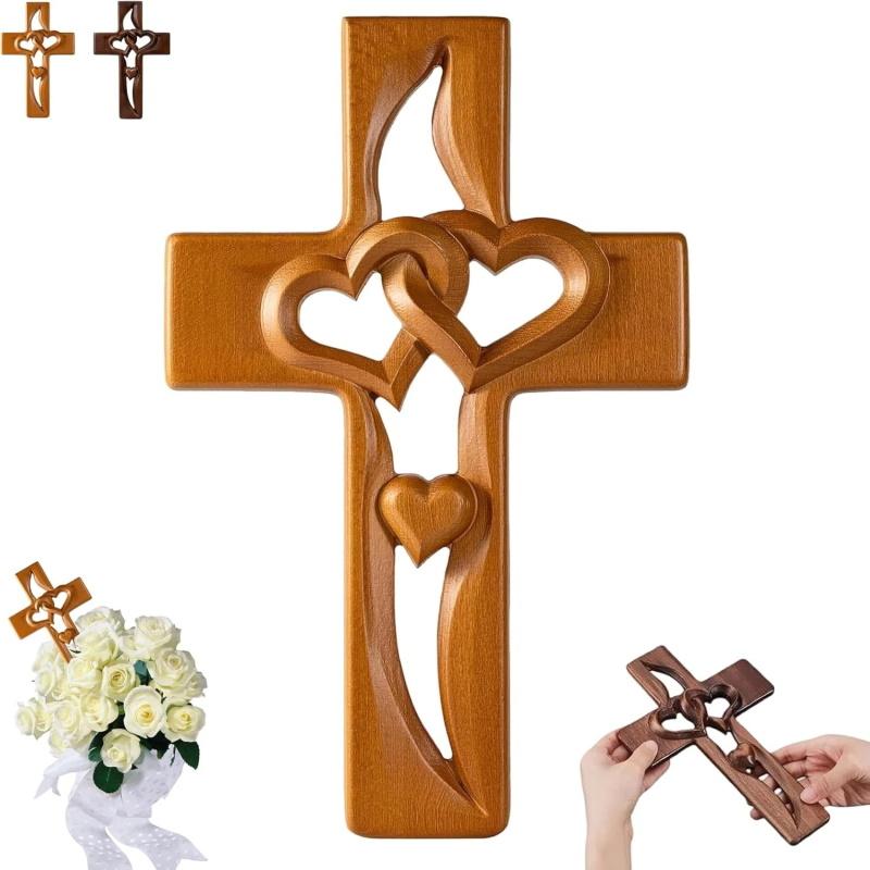 Hand-Carved Intertwined Hearts Wooden Cross, Hanging Hand Carved Marriage Cross