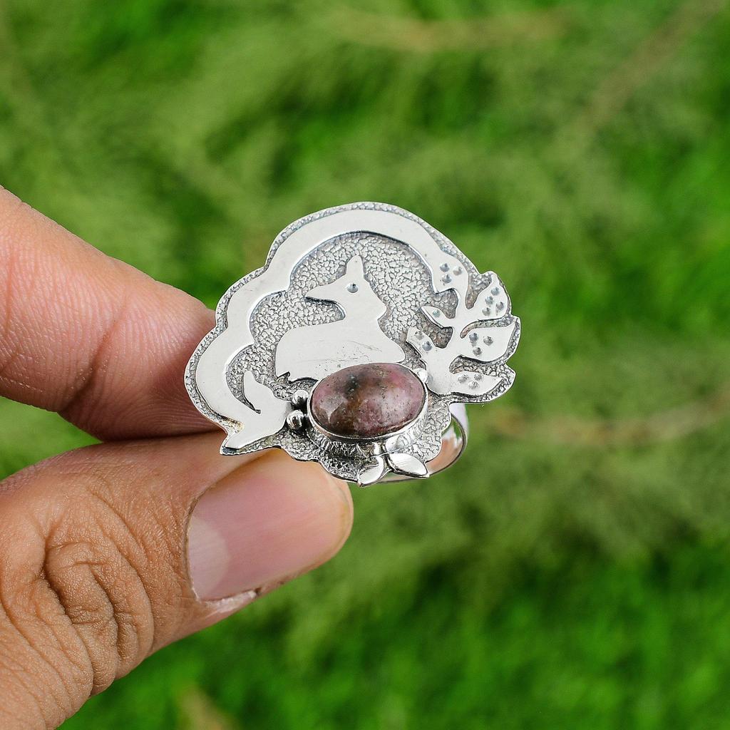 Oval Rhodonite Gemstone 925 Silver Statement Solitaire Bezel Heart Chakra Ring