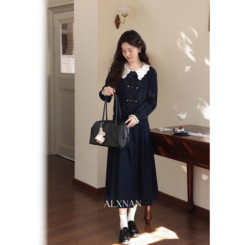 

Luxiangnan Bluesy Whisper Women s Dark Blue Knit Top & Midi Skirt M