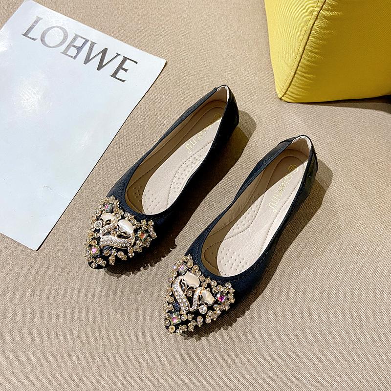 

Модные туфли для девочек больших размеров 34-43 с кристаллами, туфли-лодочки с заостренным носком, удобные туфли на плоской подошве серебристо-золотистого цвета, женские мокасины с высокой посадкой 9 чёрный