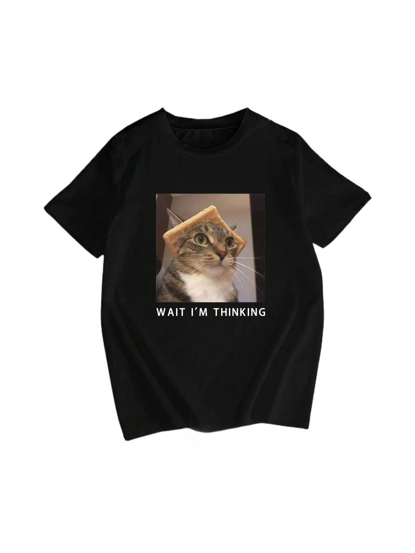 

Wait Im Thinking Funny Cat Graphic Womens Crewneck Casual Short Sleeve TShirt Summer Fashion Streetwear Tops Tees S