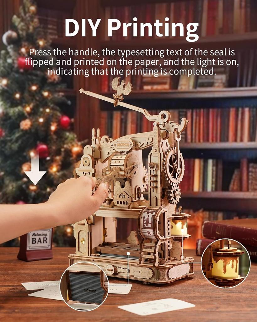 Robotime Rokr 3D Wooden Puzzle Model Kits To Build for Adults Classic Printing Press Mechanical Gears Christmas Birthday Gifts