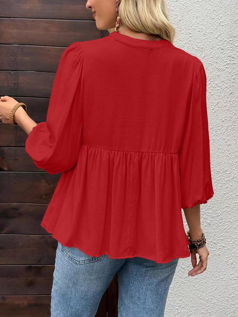 Women's V-Neck Waist-Cinching Puff Sleeve Shirt with Skirt-Style Hem and Stand-Up Collar