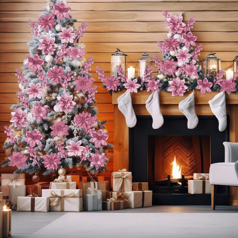 5Pcs Pink Glitter Artificial Flowers Berry Ornament Christmas Tree Decoration with Clips Stem for Xmas Home Decor Accessories