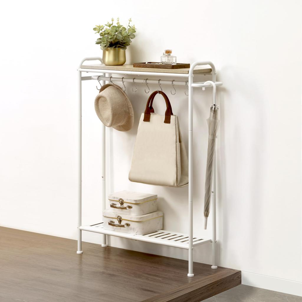 Sunny Point Console Display Side Storage Rack with Stylish Table, Entryway, Slim, Shelf, Table, Hooks, Space-Saving, (White)