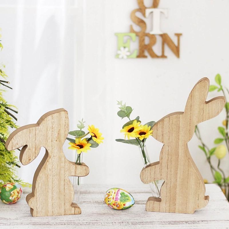 Delicate Easter Inspired Rabbit Shaped Flower Display Stand Handmade Wood Rabbit Ornament for Home and Office Decor